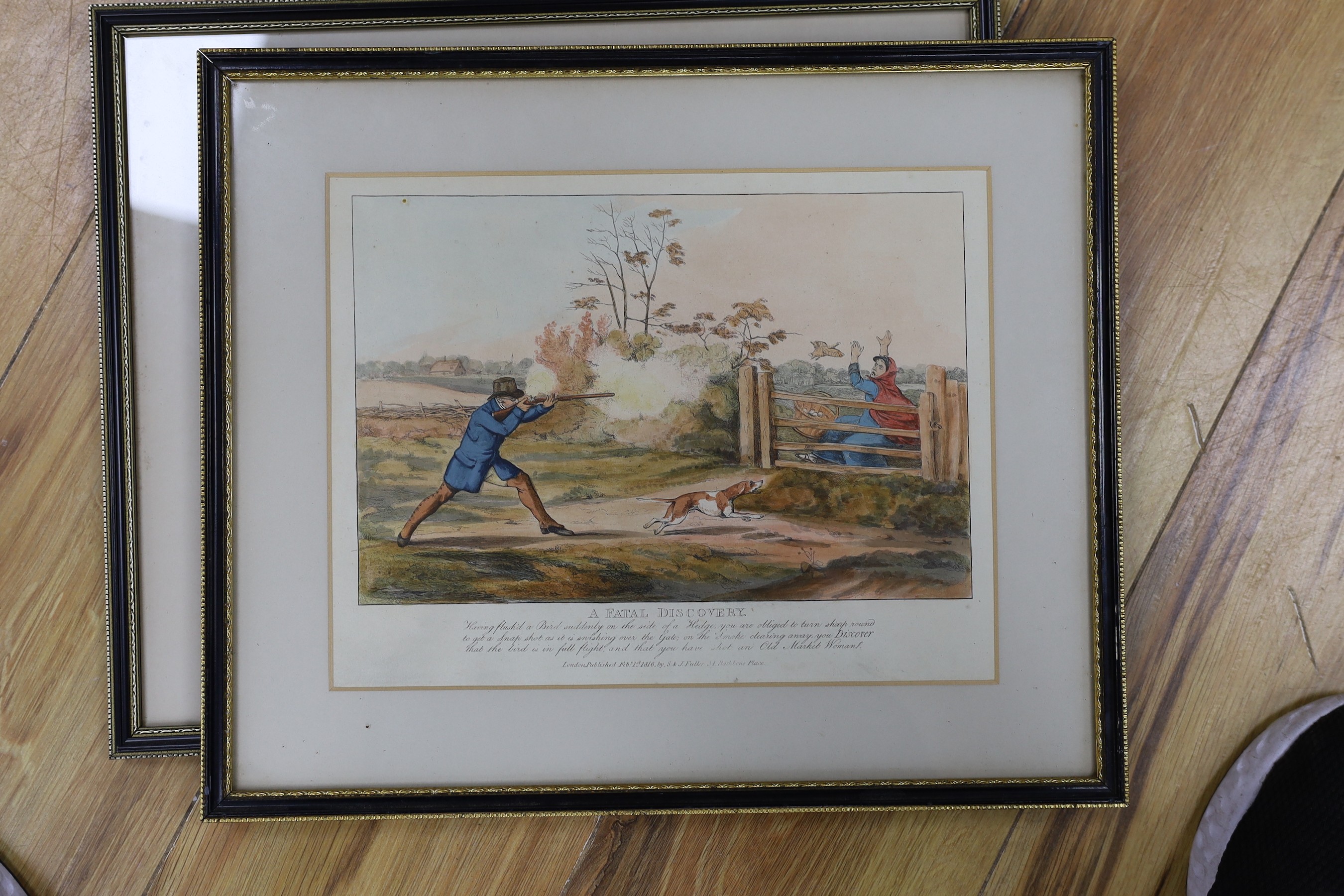 S & J Fuller Publ. 1816, a set of six coloured engravings, 'A Curious Discovery' and other shooting incidents, 21 x 28cm